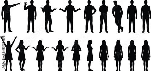 Business people silhouette set showing men and women standing gestures poses isolated on white background for corporate design concepts