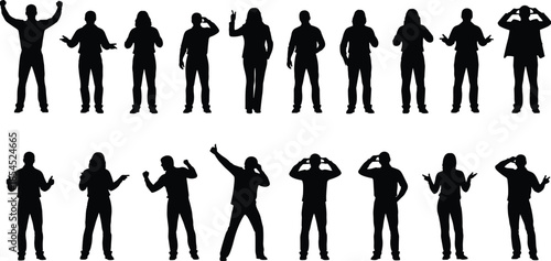 Business people silhouette set showing men and women with expressive standing gestures isolated on white background for design use