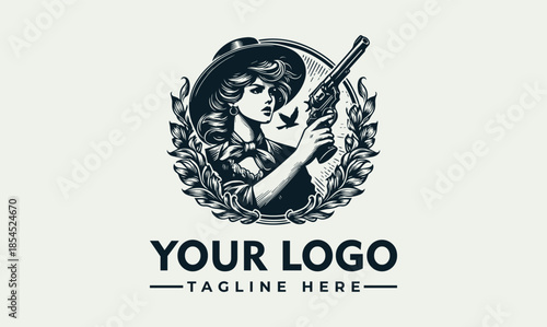 Vector logo featuring a woman holding a gun in a circular frame with laurel leaves on a light green background.