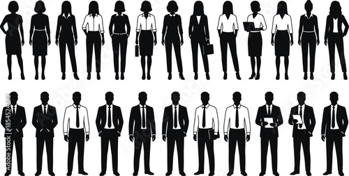 Business people silhouette set showing professional men and women in corporate attire, black vector illustration for office, teamwork, and career concepts