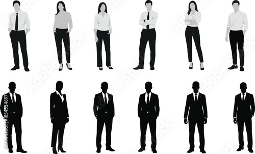 Business people silhouettes and flat vector characters in formal office attire, men and women standing professional corporate poses illustration set