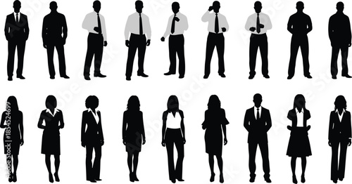 Business people silhouette set showing professional men and women in formal corporate attire, vector illustration for office teamwork and leadership concepts