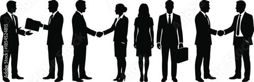 Business people silhouettes shaking hands symbolizing corporate agreement partnership teamwork and professional collaboration isolated on white background flat vector illustration