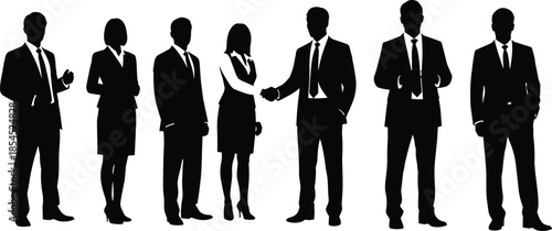 Business people silhouettes standing together with handshake and discussion poses isolated on white background professional corporate teamwork flat vector illustration