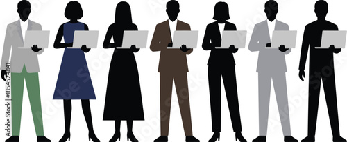 Business people silhouettes using laptops standing together isolated on white background modern corporate workforce digital technology flat vector illustration concept
