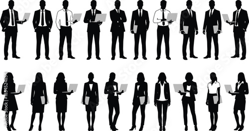 Business people silhouettes using laptops and documents standing together isolated on white background professional corporate workforce flat vector illustration