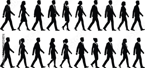 Business people silhouettes walking in multiple rows isolated on white background representing professional workforce movement corporate diversity teamwork concept