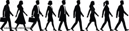 Business people silhouettes walking in line isolated on white background representing professional workforce movement corporate lifestyle diversity concept teamwork