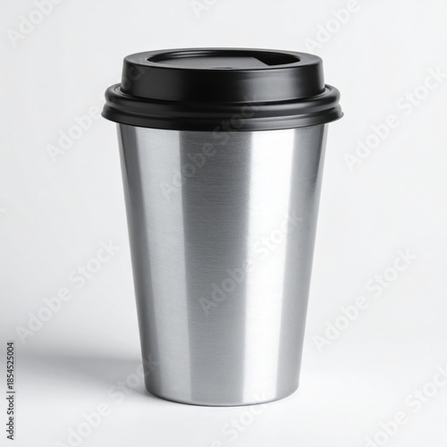 Silver Metallic Coffee Cup with Black Lid on White Background.