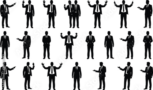 Businessman silhouette collection showing professional gestures, pointing, presenting and confident standing poses for corporate leadership concepts isolated on white