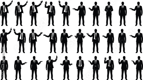 Businessman silhouette set featuring multiple professional hand gestures, presenting, pointing and confident standing poses for corporate communication concepts