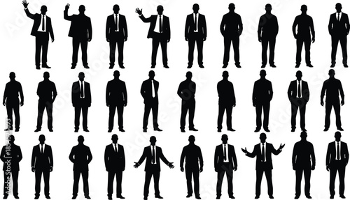 Businessmen silhouette collection showing diverse standing poses and professional hand gestures for corporate leadership, teamwork, presentation, and office communication concepts
