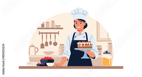 Smiling female pastry chef in a professional uniform proudly presenting a beautifully decorated strawberry layer cake in her kitchen.