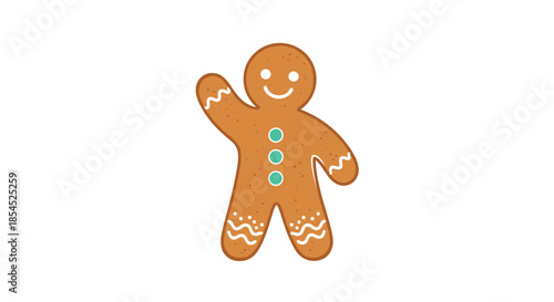 Friendly gingerbread man cookie with a cheerful smile and white icing details, waving a hand in a happy gesture.