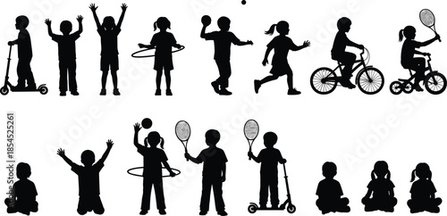Children silhouette collection showing kids playing sports, cycling, skating, and outdoor activities, black vector illustration for childhood, fitness, and recreation concepts