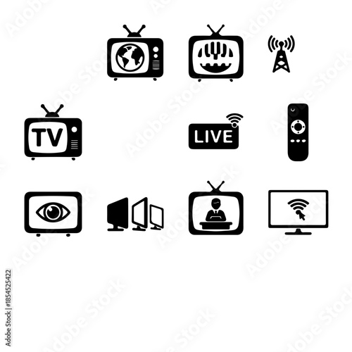 icons celebrating the history and evolution of television. This set includes retro antenna TVs, global broadcasting, test signals, remote controls, smart TV technology, and news anchors
