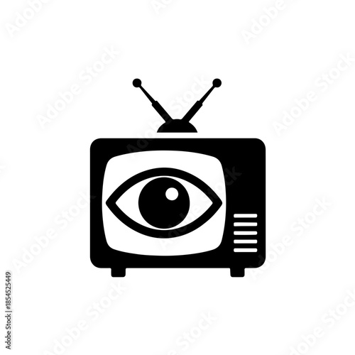 icon featuring a human eye centered within a television screen. This conceptual symbol represents visual media, audience observation, broadcasting surveillance, and the power of television as a window
