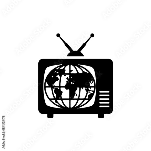 icon featuring a vintage television screen displaying a world map silhouette. This symbol represents global mass media, international news, and worldwide communication