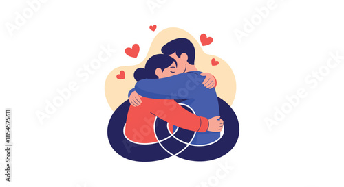 Loving couple sharing a warm and affectionate hug, with small red hearts floating around them on a white background.
