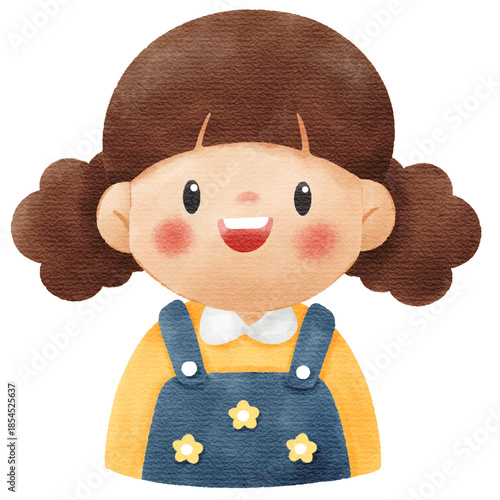 Watercolor Illustration of Cute Smiling Little Girl Character