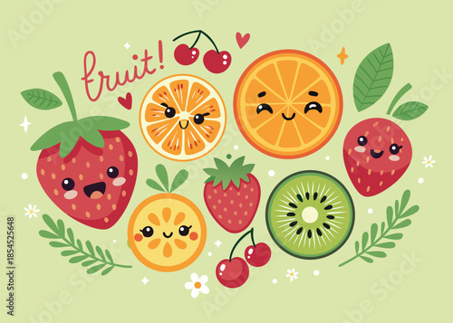 Adorable kawaii fruit characters like strawberries, oranges, and kiwi slices bring vibrant, cheerful energy perfect for kids' designs