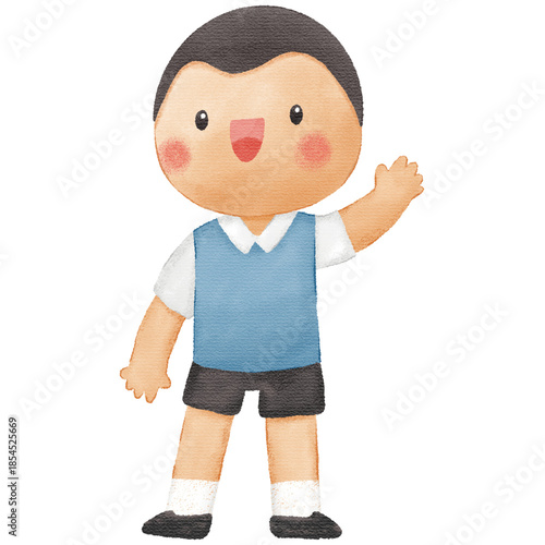 Watercolor Illustration of Happy Smiling School Boy Character in Uniform