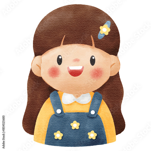 Watercolor Illustration of Cute Smiling Little Girl Character