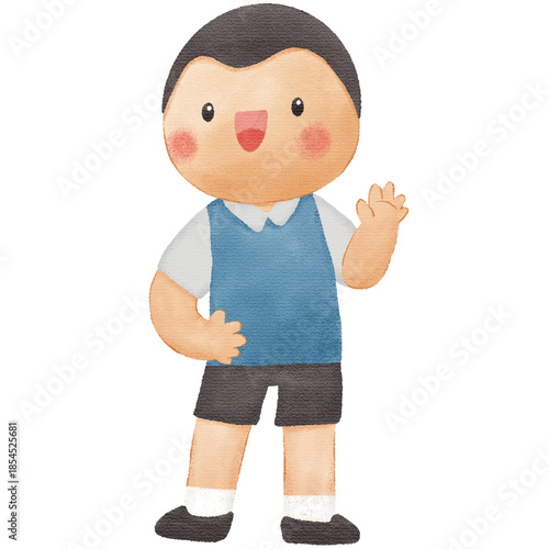 Watercolor Illustration of Happy Smiling School Boy Character in Uniform