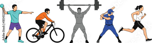 Collection of athletes performing various sports activities including cycling, weightlifting, baseball, running, and fitness training, isolated flat vector illustration