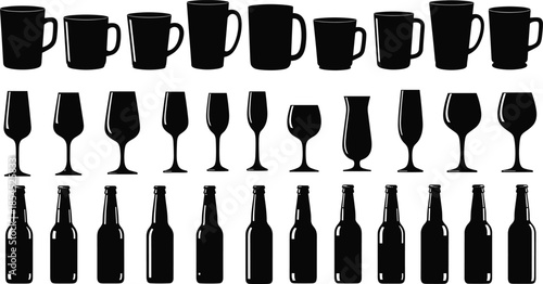 Collection of beer mugs wine glasses and bottle silhouettes in black vector style set isolated on white background for bar design