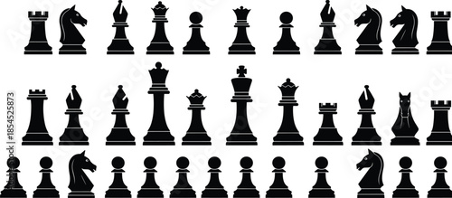 Collection of black chess piece silhouette icons on white background, classic board game figures set for strategy, education and design illustration
