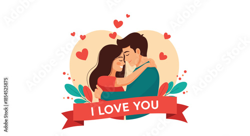 Romantic couple embracing tenderly under floating hearts, with a red banner below them that reads 'I LOVE YOU'.