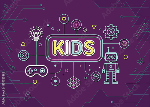 Vibrant digital concept celebrating kids learning through technology featuring robots and gaming icons