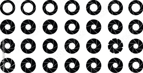 Collection of black camera aperture shutter icons in multiple opening stages on white background, photography lens diaphragm symbols vector design