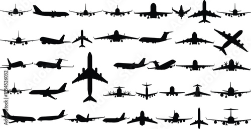 Collection of commercial airplane silhouettes in various angles and positions, aviation jet aircraft vector icons set isolated on white background