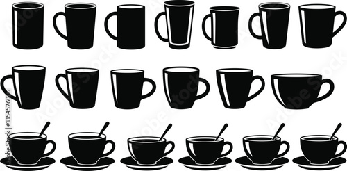 Collection of coffee mugs and tea cups silhouette icons on white background, café beverage symbols set for menu, barista and kitchen design