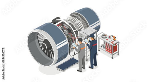 Illustration of two technicians inspecting a large industrial jet engine with tools and equipment.