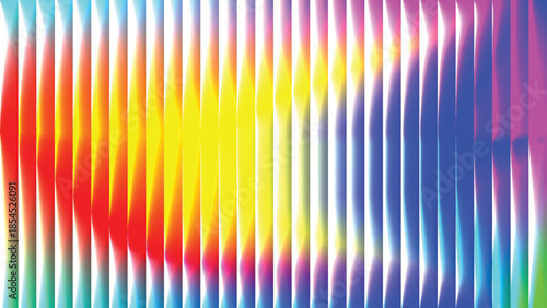Modern abstract glass texture with vertical ribbed lines and radiant diagonal rainbow color transition, colorful luminous background, vector illustration