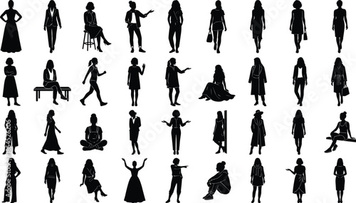 Collection of diverse woman silhouettes in various standing, walking, sitting and fashion poses, elegant female figure vector illustration set