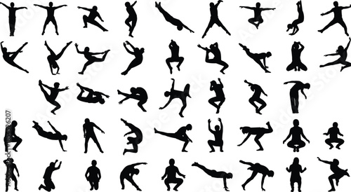 Collection of dynamic human silhouettes jumping dancing exercising and posing in motion energetic body movement illustration fitness activity performance concept