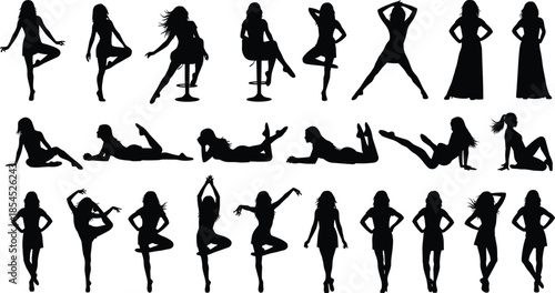 Collection of elegant female silhouettes in various fashion poses, standing and sitting body positions isolated on white background for design projects