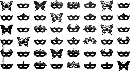 Collection of elegant butterfly and Venetian masquerade masks black silhouettes isolated on white background for carnival party costume design and decoration