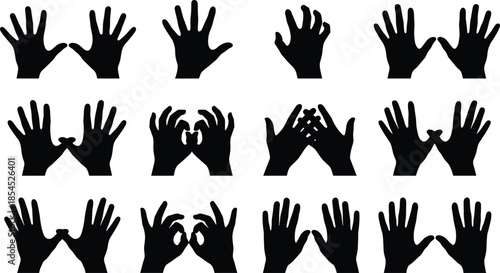 Collection of human hand gesture silhouettes showing various signs and poses, communication symbol illustration set for design, education and creativity