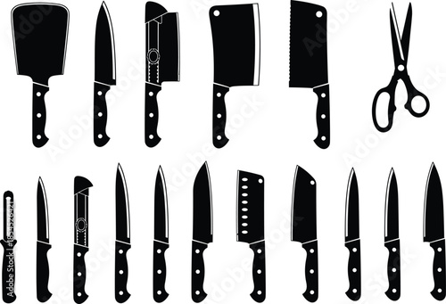 Collection of kitchen knife silhouette icons with cleavers scissors and utensils on white background, cooking tools set for culinary design