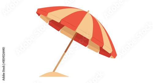 Classic red and beige striped beach umbrella providing shade, stuck in the sand and isolated on a white background.