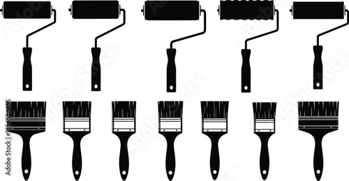 Collection of paint rollers and brushes silhouettes, decorating tools set for renovation, DIY construction, wall painting vector illustration