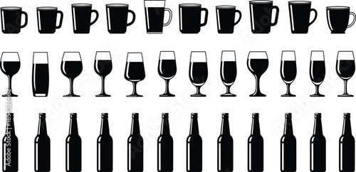 Collection of mugs wine glasses and beer bottle silhouettes in black vector style set isolated on white background for beverage design