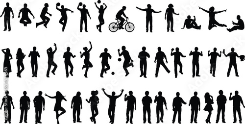 Collection of people silhouettes showing daily activities, sports, dancing and lifestyle poses, standing, walking, cycling and relaxing on white background