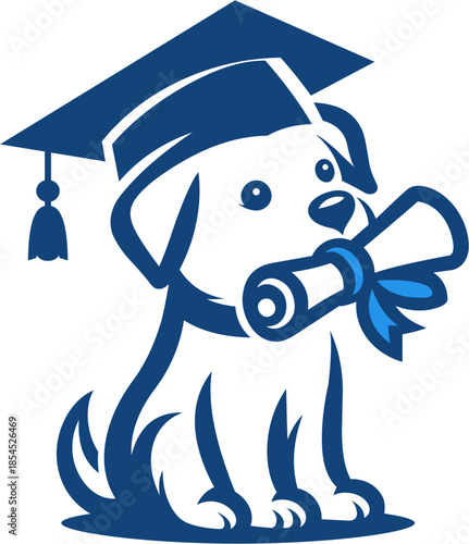 illustration of a puppy wearing a blue toga hat on his head