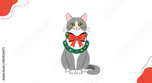 Cute gray and white cat sitting patiently while wearing a festive Christmas wreath with a large red bow as a collar.